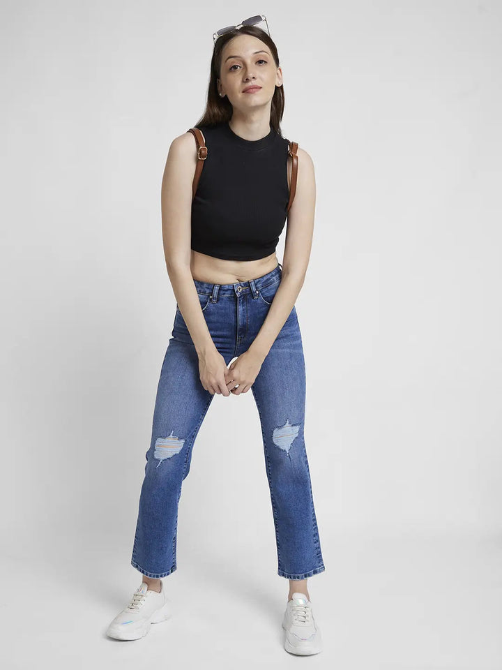 Spykar Women Mid Blue Lycra Slim Straigth Fit Ankle Length Slash Knee Jeans -(Emma)