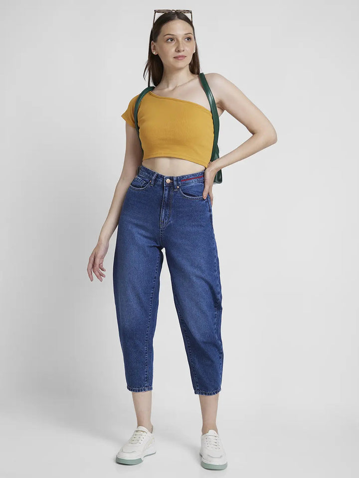 Spykar Women Mid Blue Cotton Baggy Fit Crop Length Clean Look Jeans -(Clara)