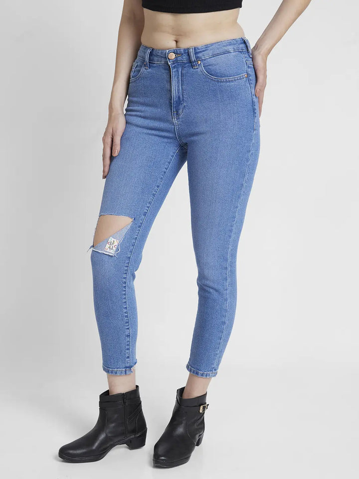 Spykar Women Light Blue Lycra Mom Fit Ankle Length Knee Slit Jeans -(Amora)