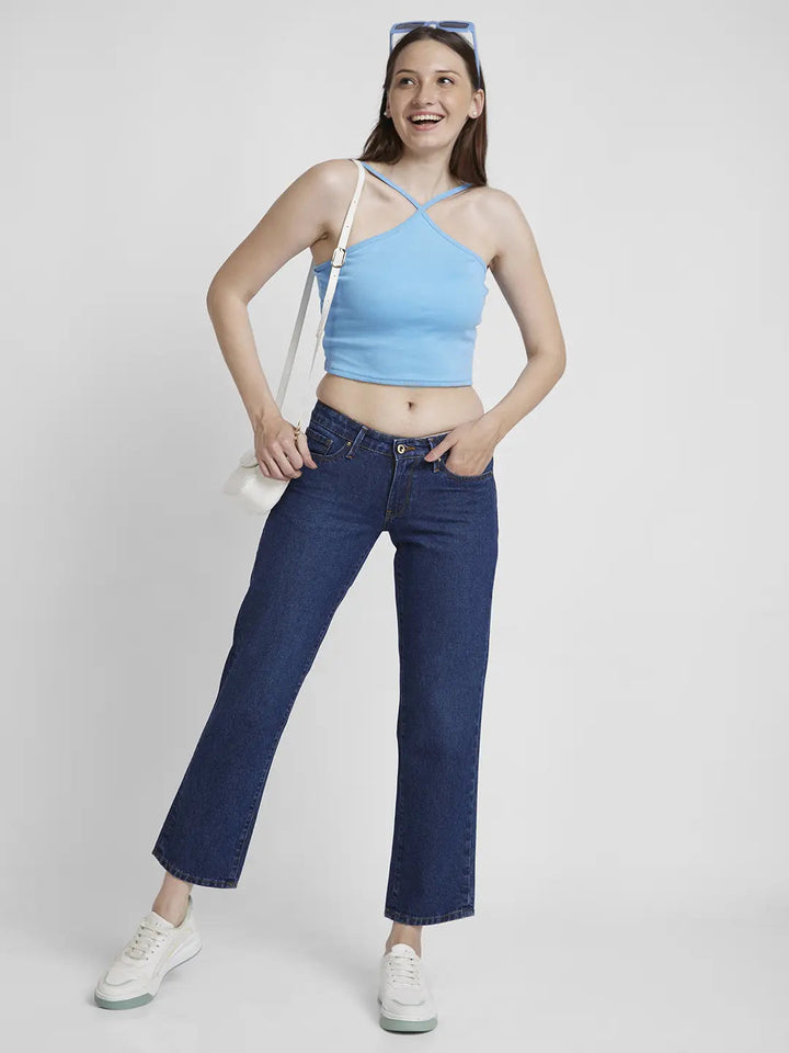 Spykar Women Dark Blue Cotton Straight Fit Regular Length Clean Look Jeans -(Bella-Low)