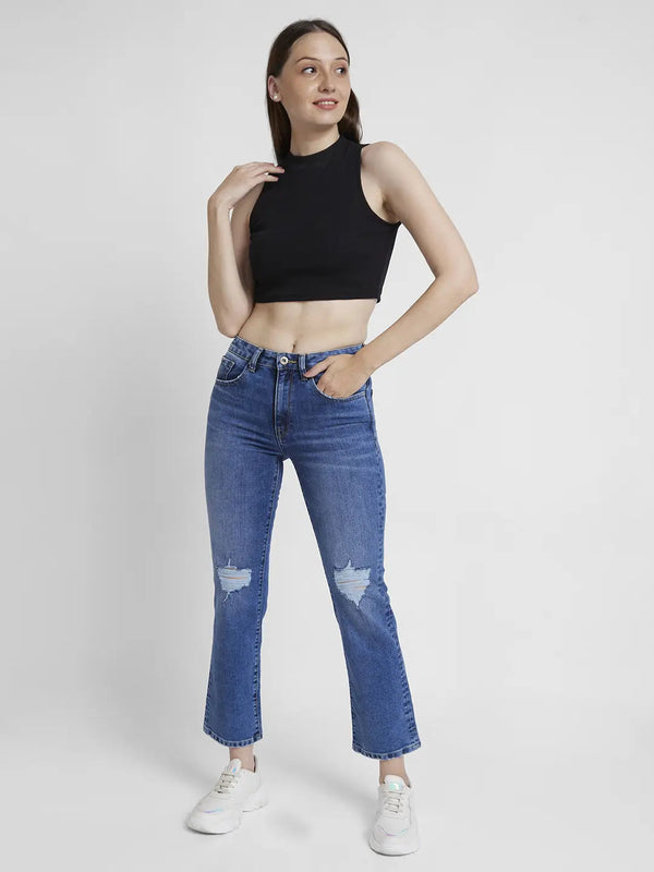 Spykar Women Mid Blue Lycra Slim Straigth Fit Ankle Length Slash Knee Jeans -(Emma)