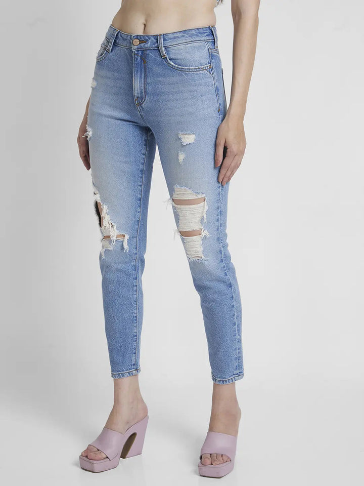 Spykar Women Light Blue Cotton Mom Fit Ankle Length Mild Distressed Jeans -(Amora)