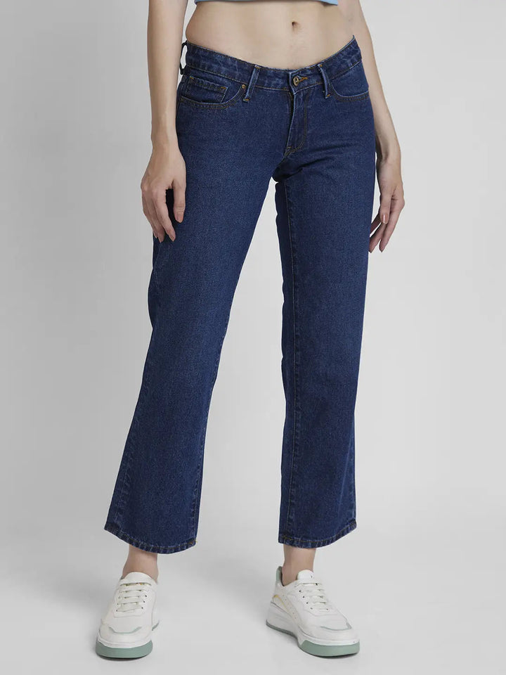 Spykar Women Dark Blue Cotton Straight Fit Regular Length Clean Look Jeans -(Bella-Low)