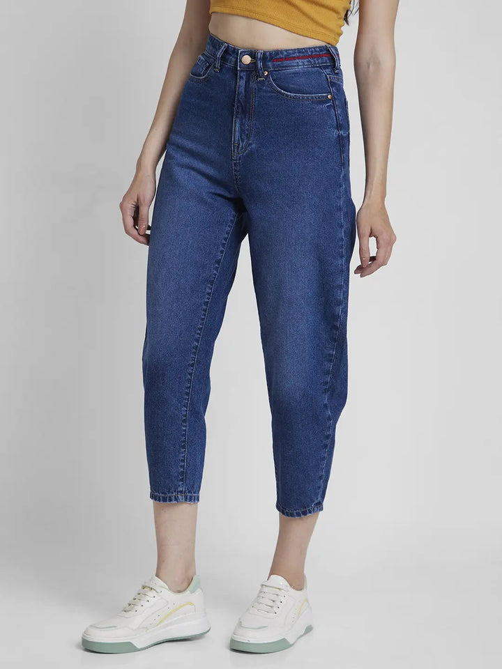 Spykar Women Mid Blue Cotton Baggy Fit Crop Length Clean Look Jeans -(Clara)