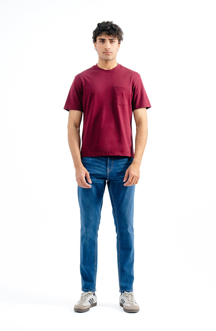 Burgundy Pocket Crew Neck Summer T Shirt