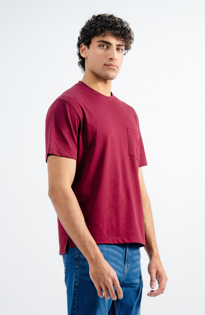 Burgundy Pocket Crew Neck Summer T Shirt