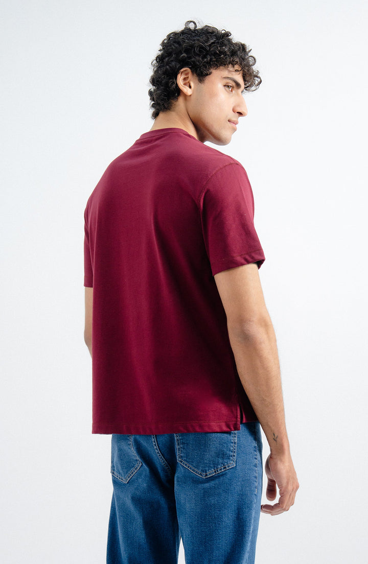Burgundy Pocket Crew Neck Summer T Shirt