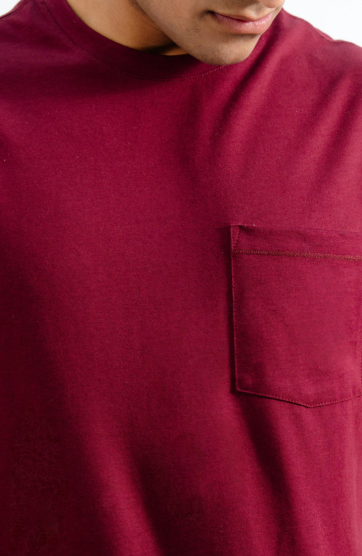 Burgundy Pocket Crew Neck Summer T Shirt
