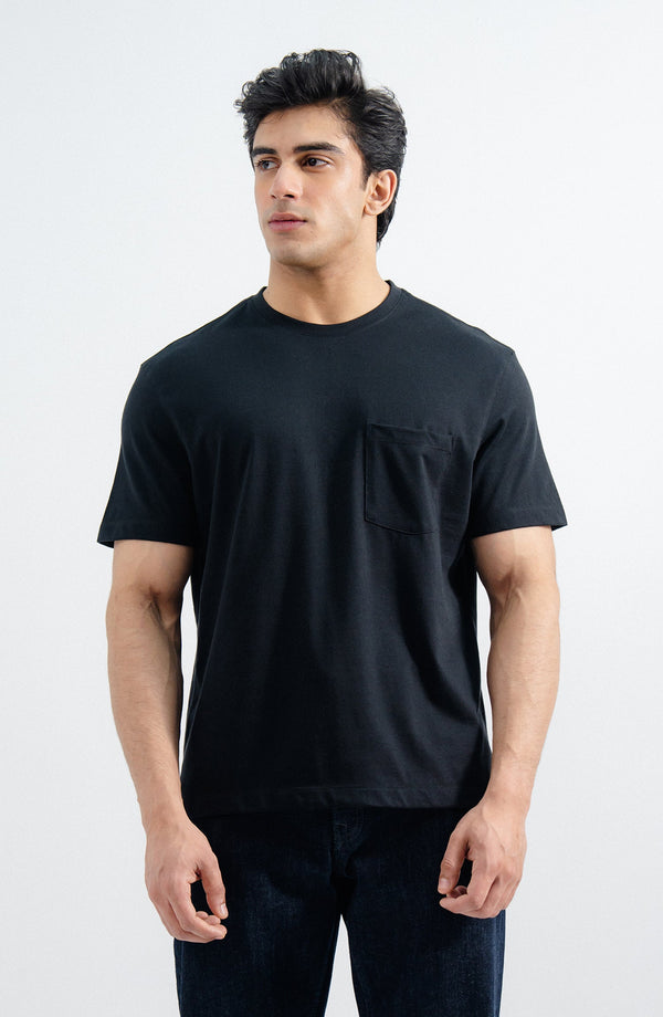 Black T-Shirt with Pocket Crew Neck