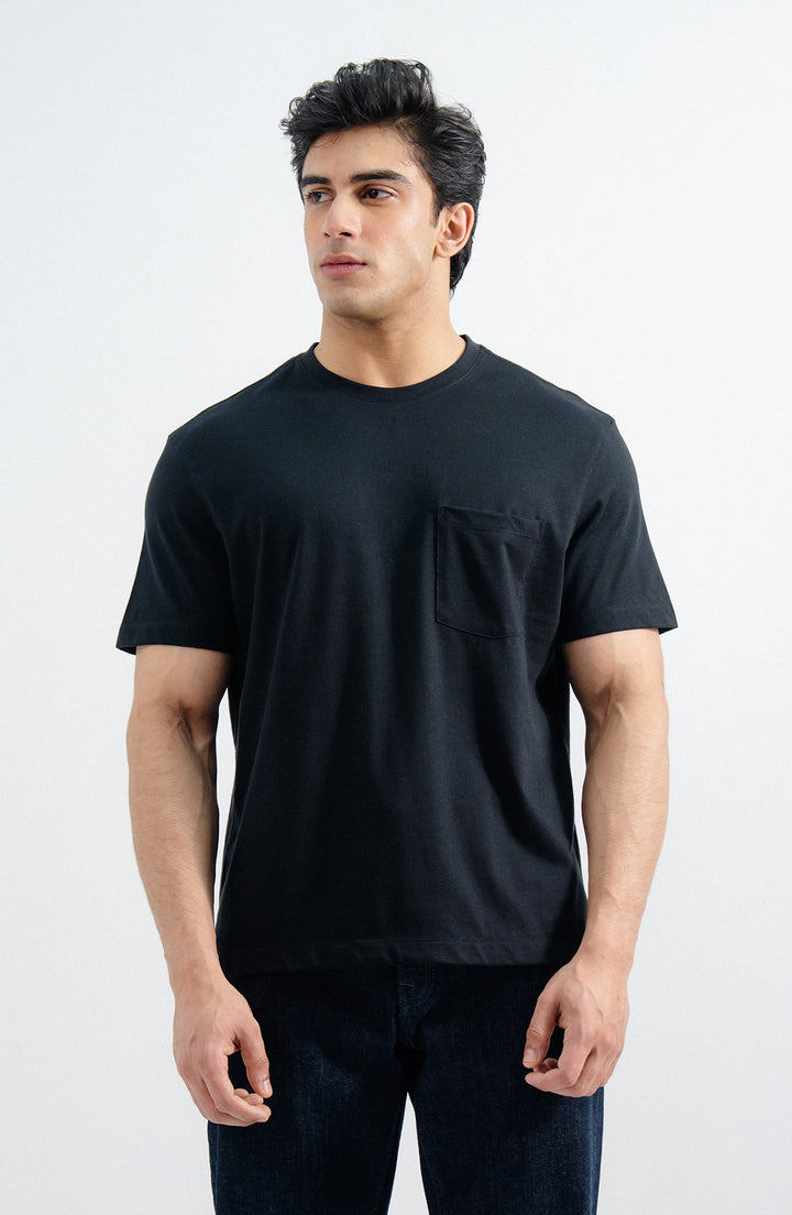 Black T-Shirt with Pocket Crew Neck
