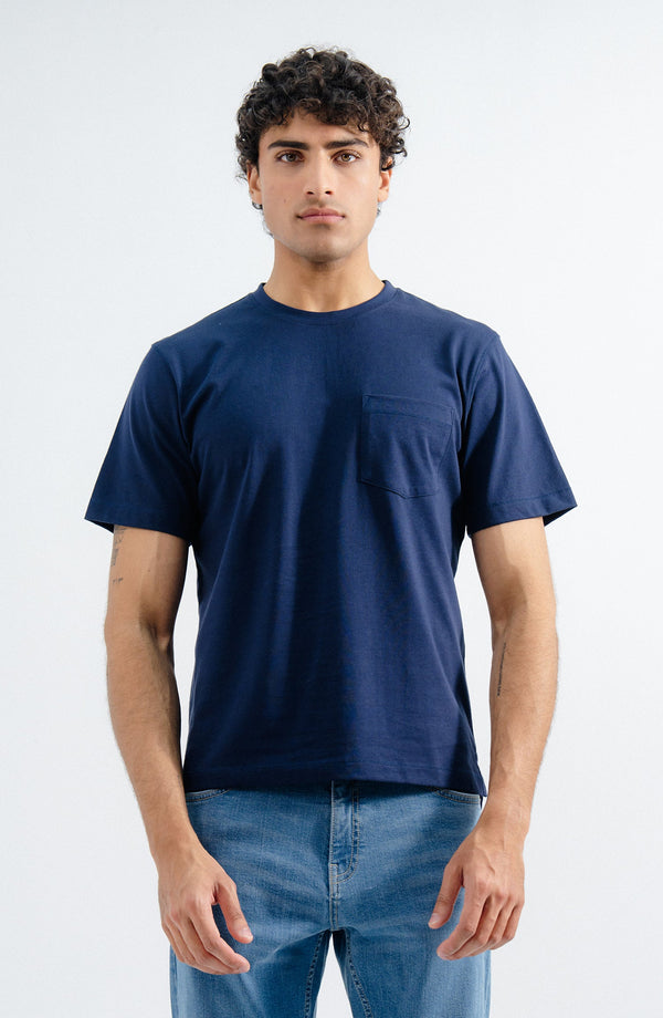 Pocket Crew Neck Navy Blue T-Shirt