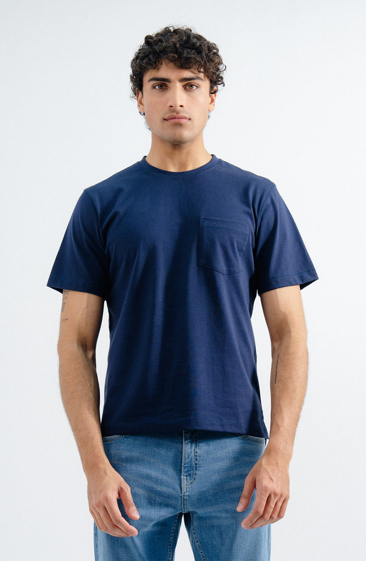 Pocket Crew Neck Navy Blue T-Shirt