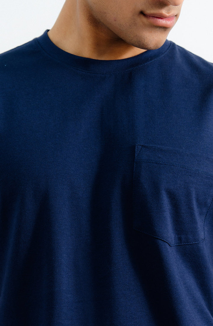 Pocket Crew Neck Navy Blue T-Shirt