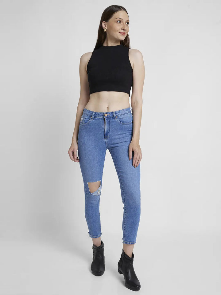 Spykar Women Light Blue Lycra Mom Fit Ankle Length Knee Slit Jeans -(Amora)