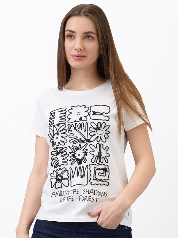 Spykar White Regular Fit Solid Half Sleeve T-Shirt For Women