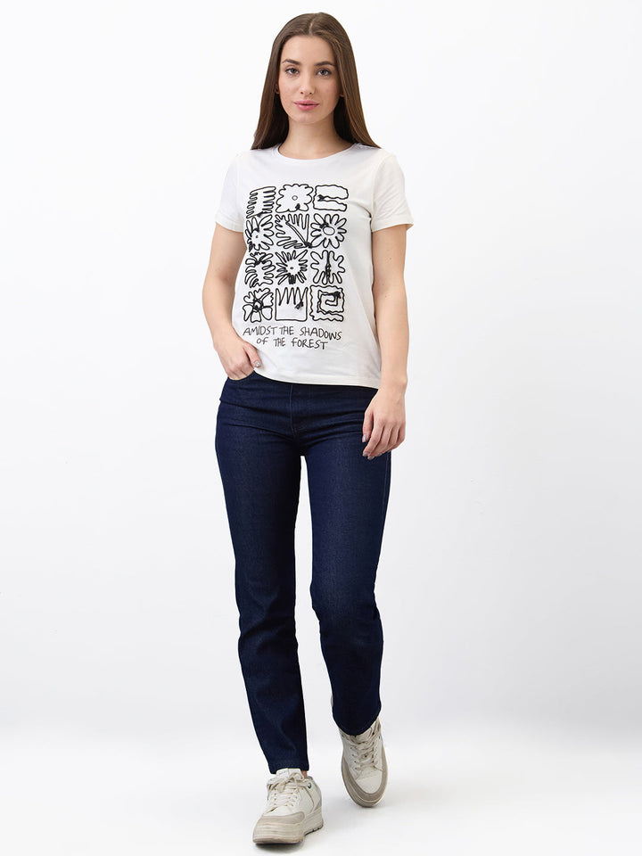 Spykar White Regular Fit Solid Half Sleeve T-Shirt For Women