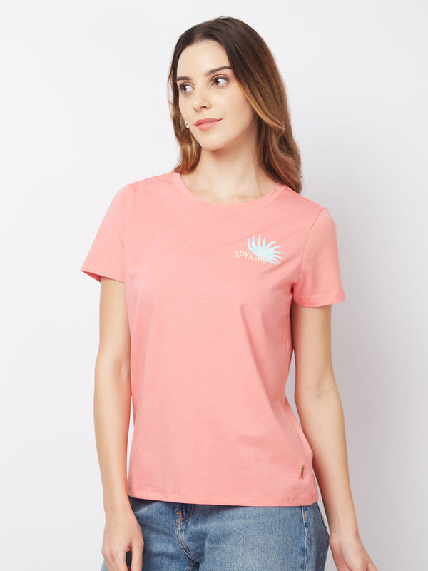 SPYKAR Regular Fit Half Sleeve Pink Casual T-Shirt For Women