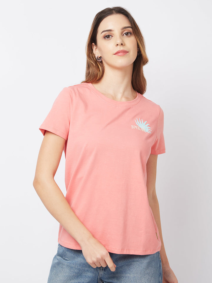 SPYKAR Regular Fit Half Sleeve Pink Casual T-Shirt For Women