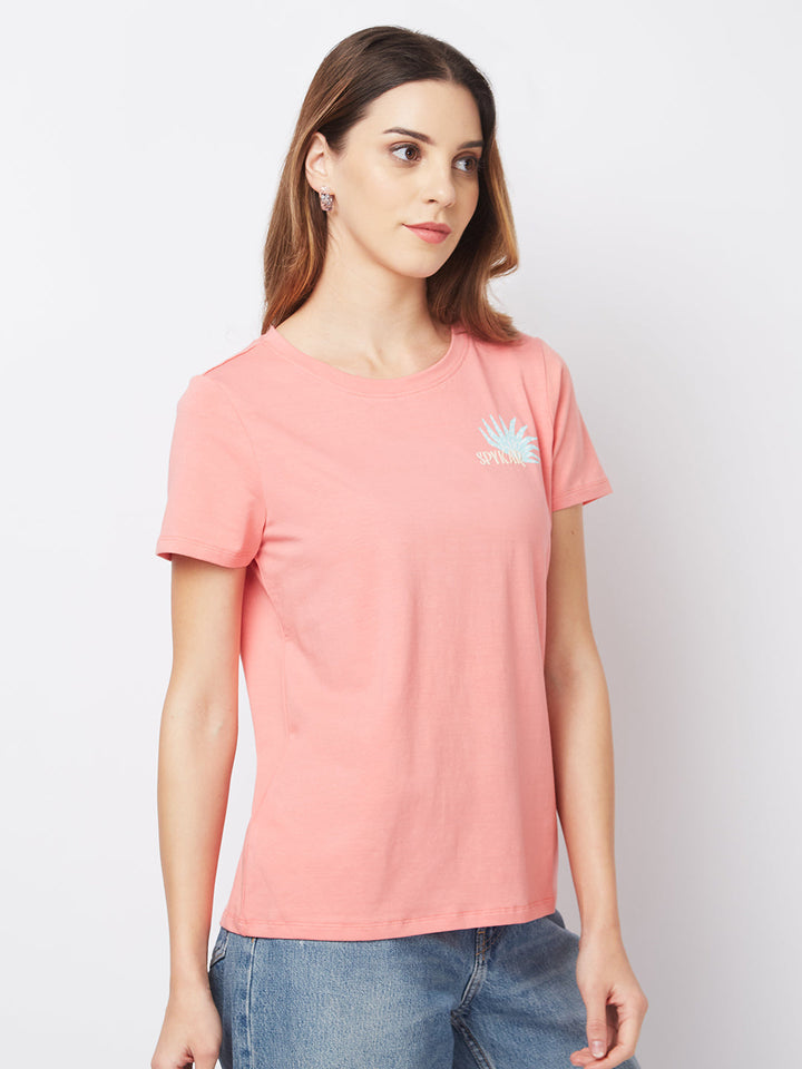 SPYKAR Regular Fit Half Sleeve Pink Casual T-Shirt For Women