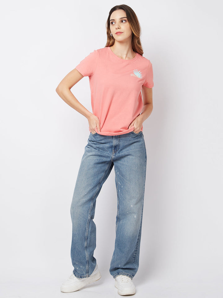SPYKAR Regular Fit Half Sleeve Pink Casual T-Shirt For Women