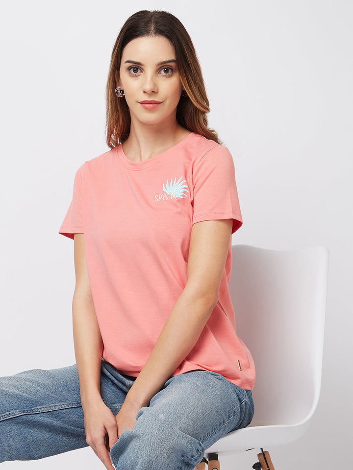 SPYKAR Regular Fit Half Sleeve Pink Casual T-Shirt For Women