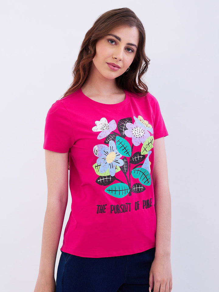 Spykar Luminous Pink Regular Fit Casual T-Shirts For Women