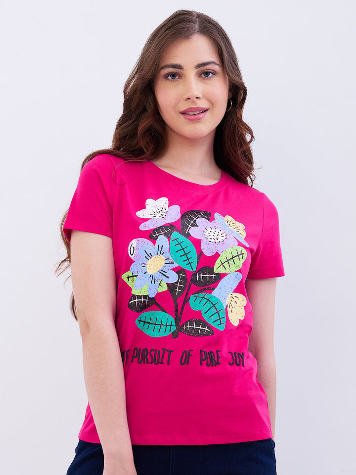 Spykar Luminous Pink Regular Fit Casual T-Shirts For Women
