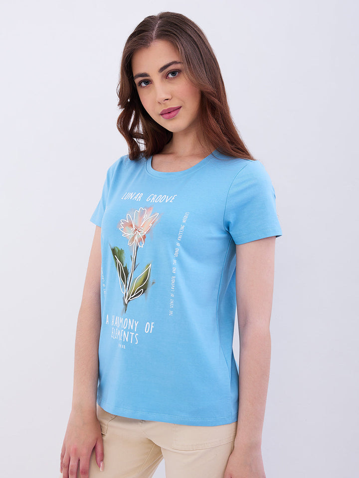 Spykar Retro Blue Regular Fit Casual T-Shirts For Women