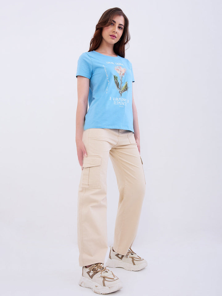 Spykar Retro Blue Regular Fit Casual T-Shirts For Women