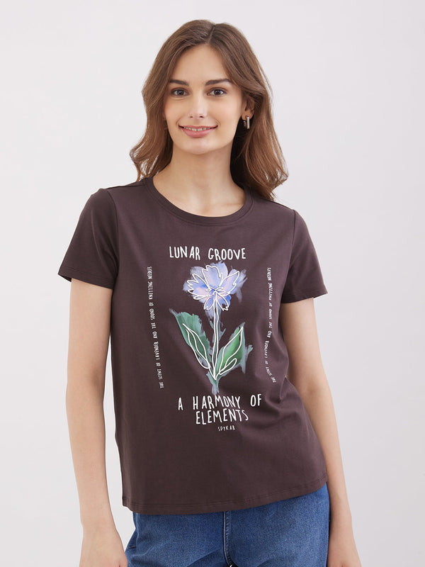 Spykar Sepia Brown Regular Fit Casual T-Shirts For Women