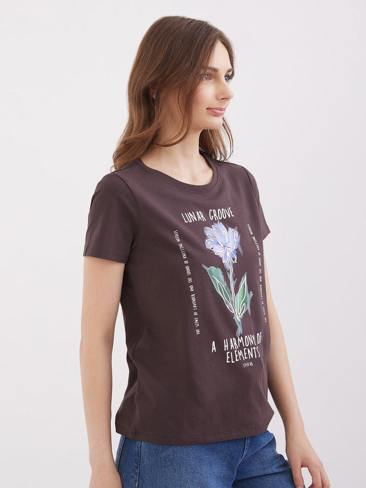 Spykar Sepia Brown Regular Fit Casual T-Shirts For Women