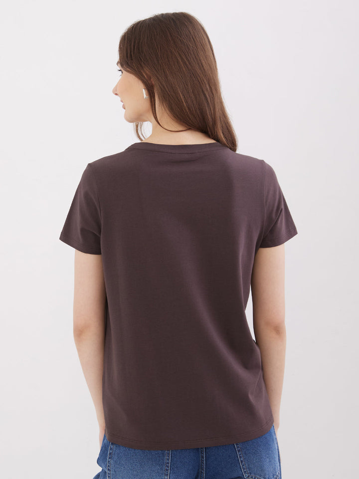 Spykar Sepia Brown Regular Fit Casual T-Shirts For Women