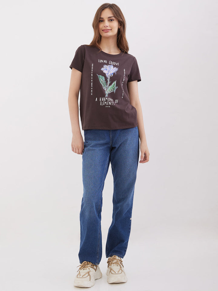 Spykar Sepia Brown Regular Fit Casual T-Shirts For Women