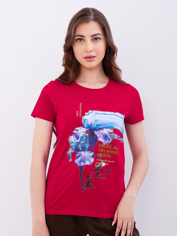 Spykar Crimson Red Regular Fit Casual T-Shirts For Women