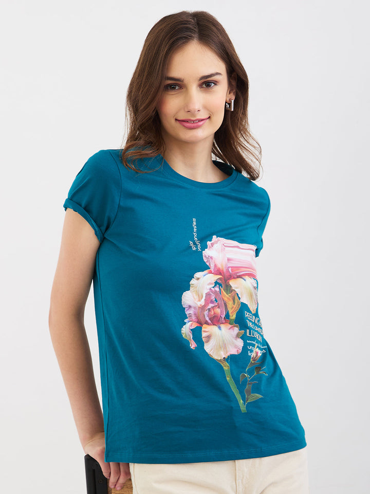 Spykar Marine Teal Blue Regular Fit Casual T-Shirts For Women