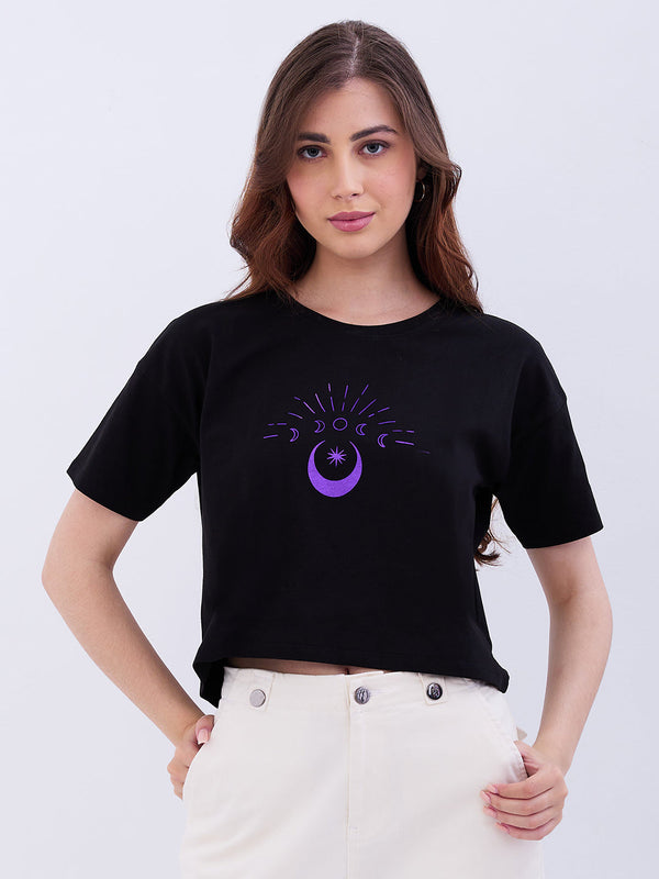 Spykar Black Boxy Fit Casual T-Shirts For Women
