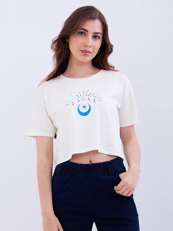 Spykar New Off White Boxy Fit Casual T-Shirts For Women