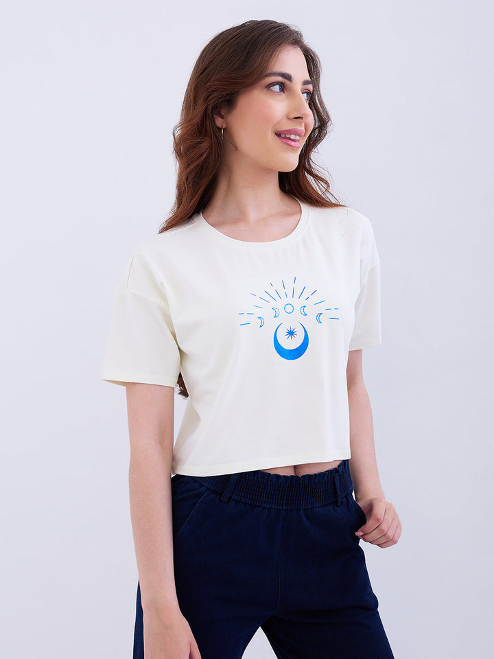 Spykar New Off White Boxy Fit Casual T-Shirts For Women
