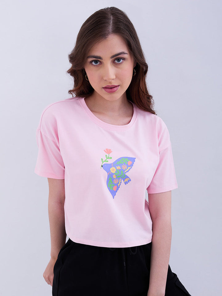 Spykar Icy Pink Boxy Fit Casual T-Shirts For Women