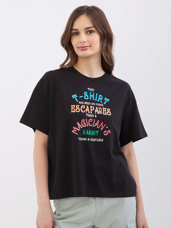 Spykar Black Oversize Fit Casual T-Shirts For Women