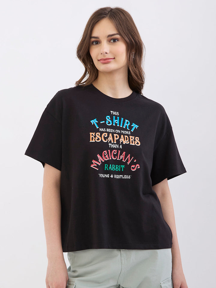 Spykar Black Oversize Fit Casual T-Shirts For Women
