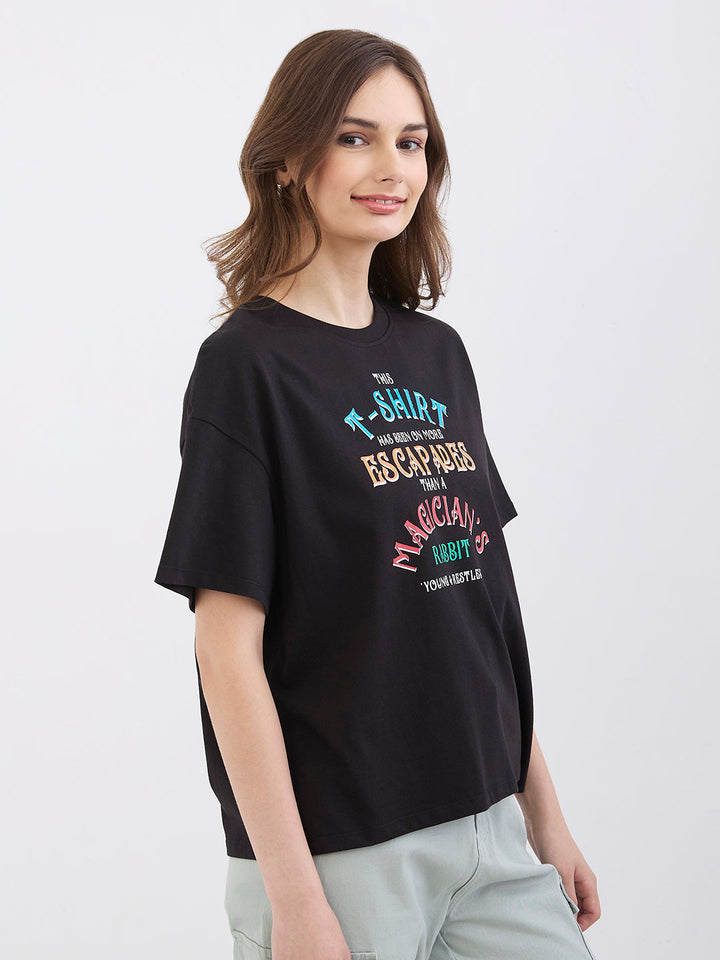 Spykar Black Oversize Fit Casual T-Shirts For Women