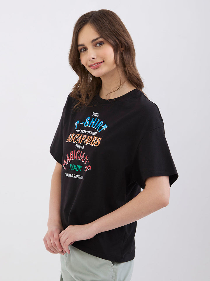 Spykar Black Oversize Fit Casual T-Shirts For Women