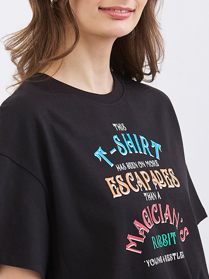 Spykar Black Oversize Fit Casual T-Shirts For Women