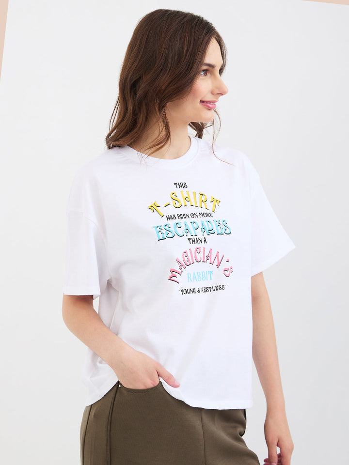 Spykar New Off White Oversize Fit Casual T-Shirts For Women