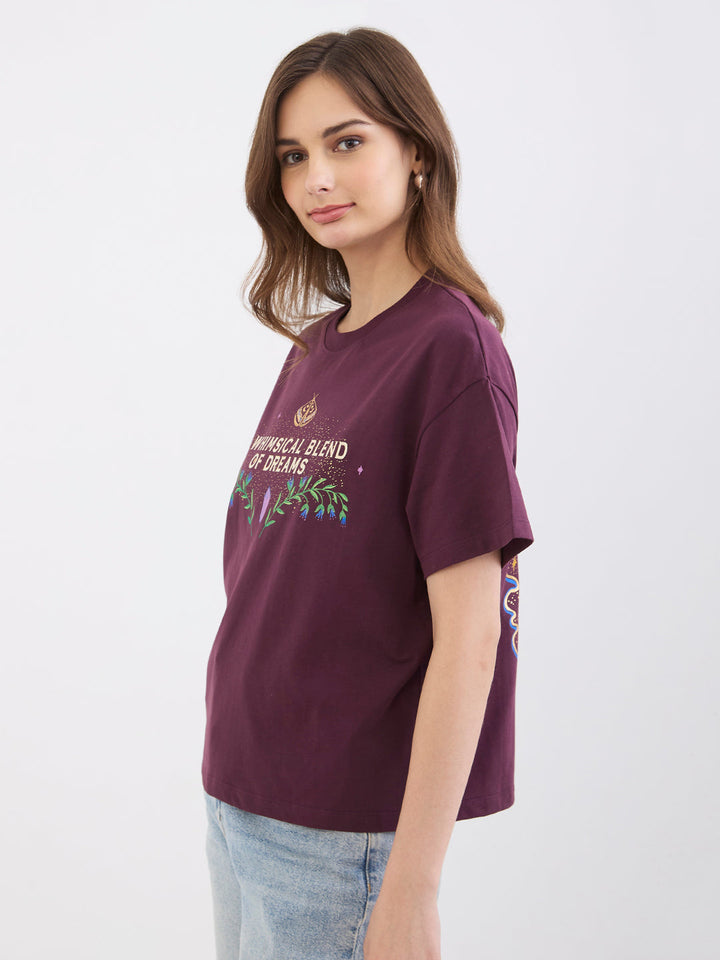 Spykar Cherry Lacquer Oversize Fit Casual T-Shirts For Women