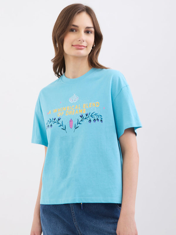 Spykar Retro Blue Oversize Fit Casual T-Shirts For Women