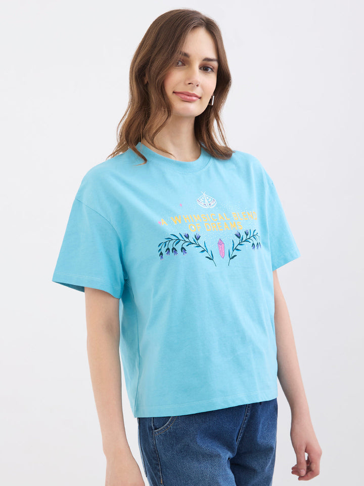 Spykar Retro Blue Oversize Fit Casual T-Shirts For Women
