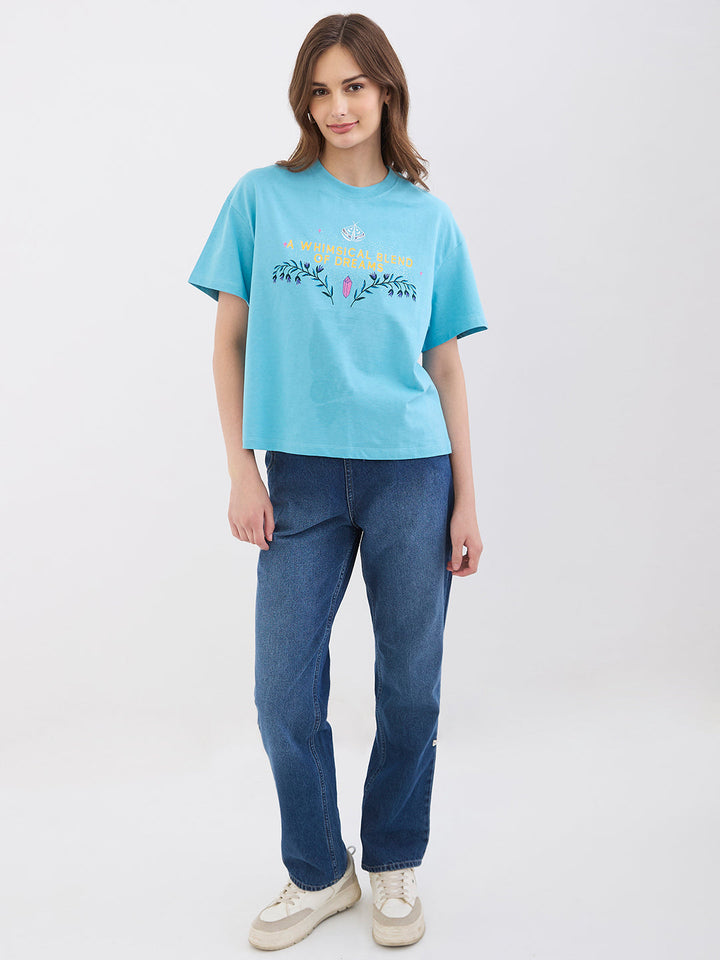 Spykar Retro Blue Oversize Fit Casual T-Shirts For Women