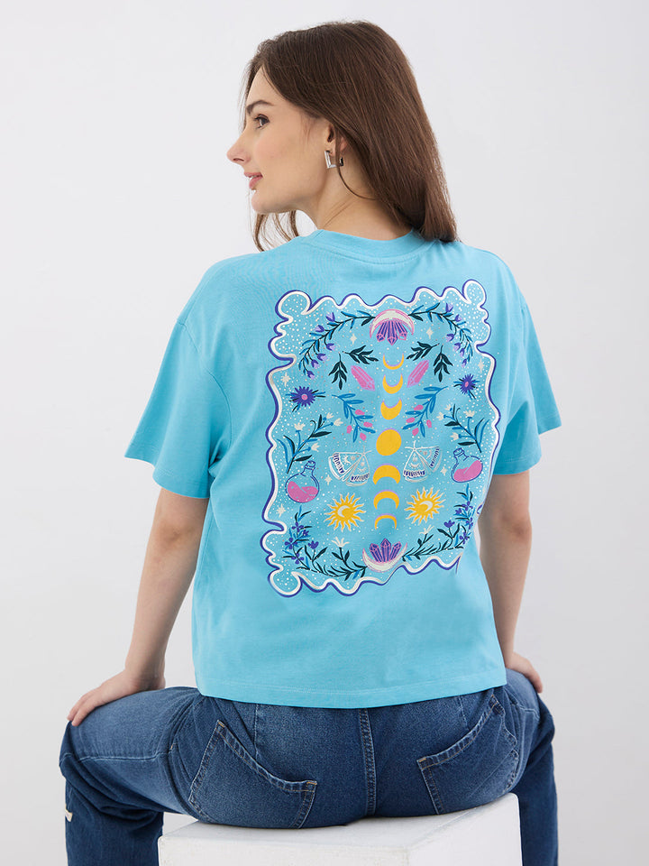 Spykar Retro Blue Oversize Fit Casual T-Shirts For Women